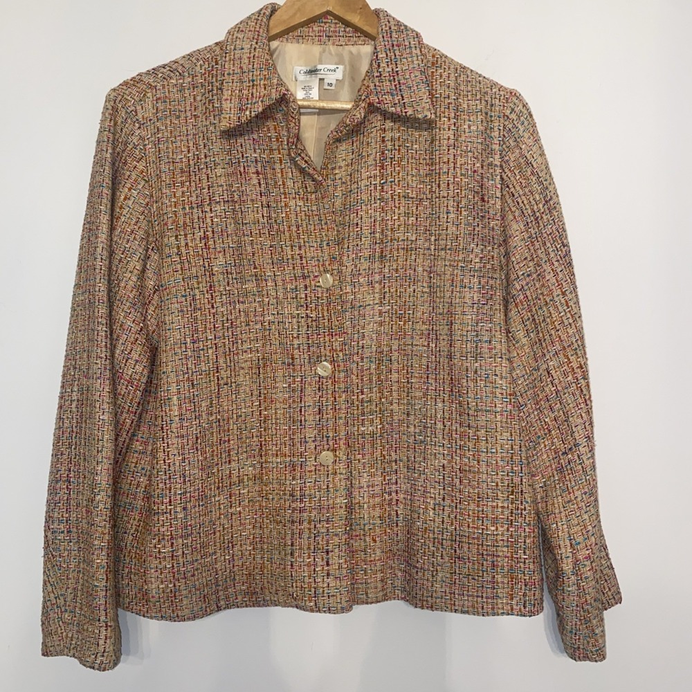Vintage Coldwater Creek 100% Silk Cropped Tweed Blazer Confetti Womens 10